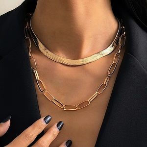 Herringbone Gold Plated Chain Link Multilayer Choker Necklace